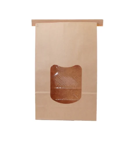 "A brown paper bag with a see-through window on the front side."