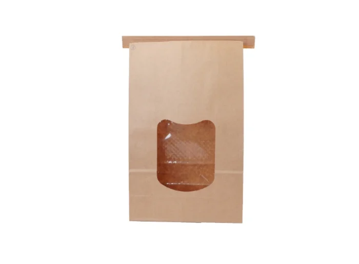 "A brown paper bag with a see-through window on the front side."