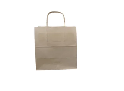 "Stylish beige paper shopping bag with metallic handles, blending classic design with modern appeal from www.jcpackagingdubai.com."