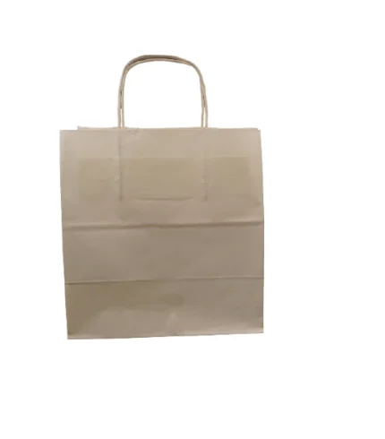 "Stylish beige paper shopping bag with metallic handles, blending classic design with modern appeal from www.jcpackagingdubai.com."