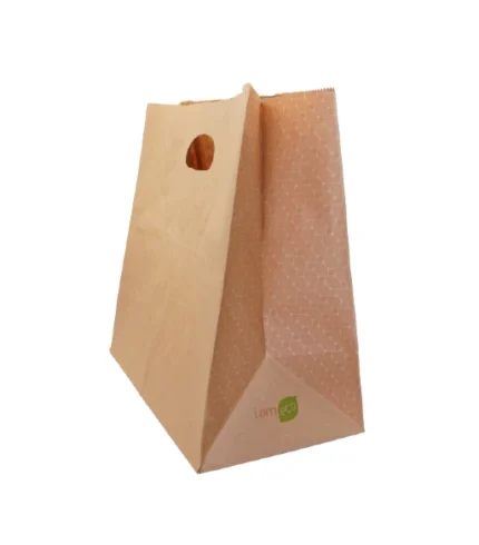 "An innovative eco-friendly paper bag with a side pattern design and 'I am eco' branding, highlighting sustainability in packaging."