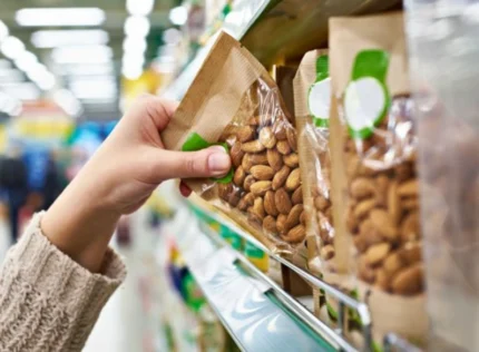 "Customer selecting an eco-friendly packaged bag of almonds by JC Packaging from a grocery shelf."