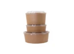 "Stack of three kraft paper food containers with clear lids, eco-conscious packaging choice by www.jcpackagingdubai.com"