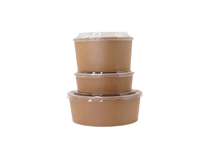 "Stack of three kraft paper food containers with clear lids, eco-conscious packaging choice by www.jcpackagingdubai.com"