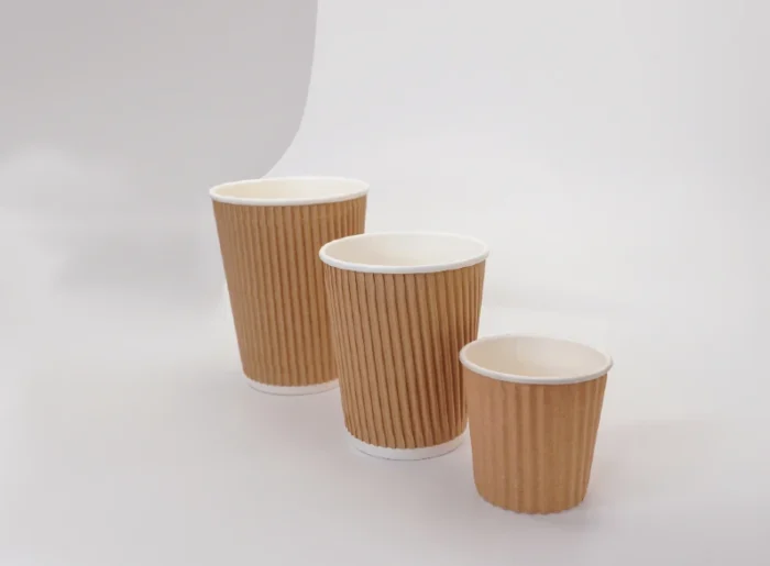 "Three different sizes of kraft ripple wall paper cups, offering an eco-friendly solution to beverage service from www.jcpackagingdubai.com."