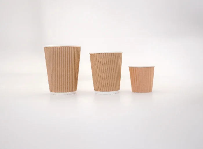 "Three different sizes of kraft ripple wall paper cups, offering an eco-friendly solution to beverage service from www.jcpackagingdubai.com."