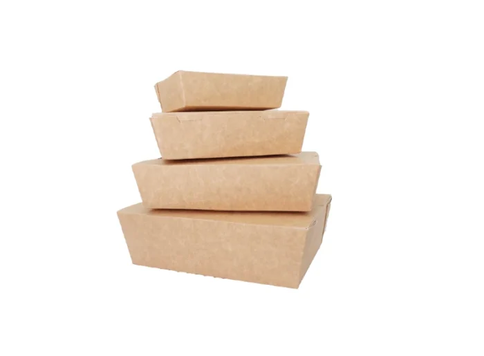 "Stack of eco-friendly kraft lunch boxes for sustainable meal packaging from www.jcpackagingdubai.com."