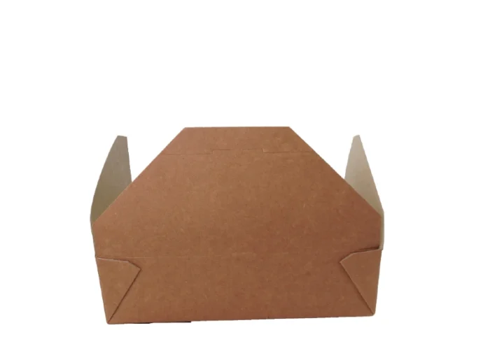 Alt Text: "Eco-friendly brown takeaway box with convenient side flaps, ideal for food packaging solutions at www.jcpackagingdubai.com."