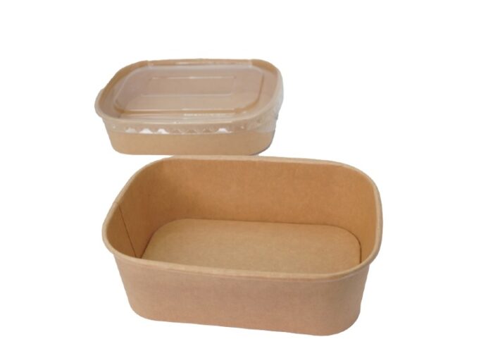 "Biodegradable brown paper food container with a clear lid, showcasing JC Packaging Dubai's commitment to sustainable packaging solutions. Visit www.jcpackagingdubai.com for more."