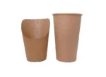 "Environmentally conscious brown paper French fries scoop next to a paper cup, ideal for snacking, by www.jcpackagingdubai.com."