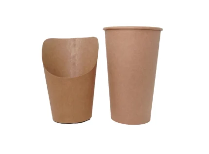 "Environmentally conscious brown paper French fries scoop next to a paper cup, ideal for snacking, by www.jcpackagingdubai.com."