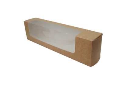 "Long brown kraft sandwich box with a transparent viewing window, perfect for displaying gourmet sandwiches. Explore options at www.jcpackagingdubai.com."