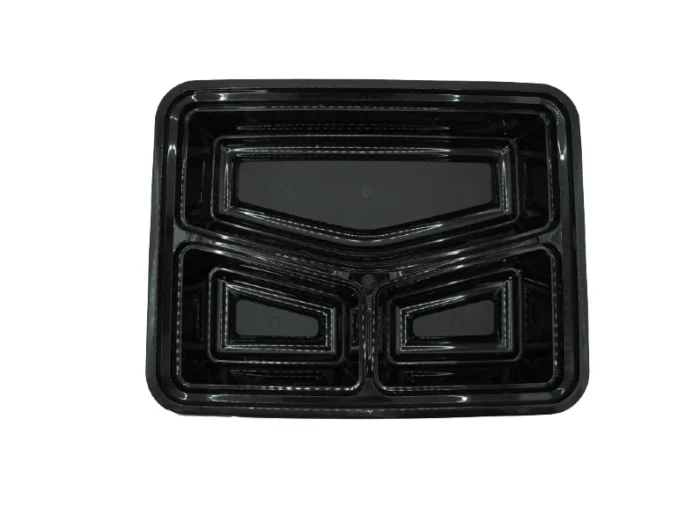 "Elegant black plastic container with multiple compartments, perfect for meal segmentation from www.jcpackagingdubai.com."