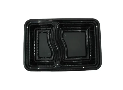 "Stack of black microwave-safe containers with clear lids, highlighting convenience and durability from www.jcpackagingdubai.com."