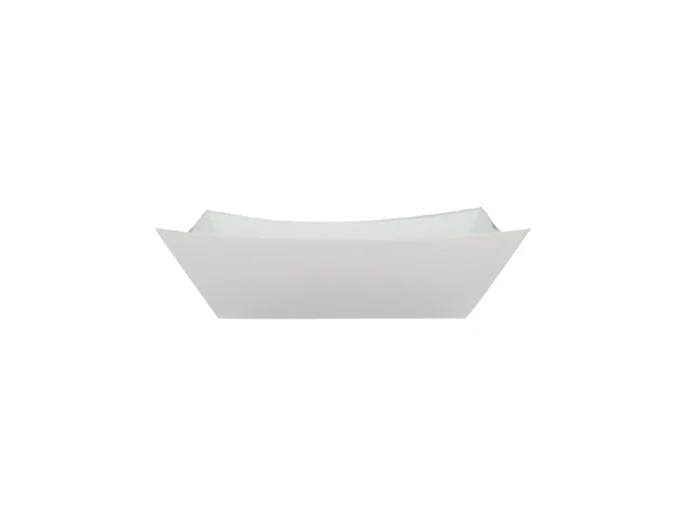 "Two white paper boat trays, perfect for stylish and clean snacking, available at www.jcpackagingdubai.com."