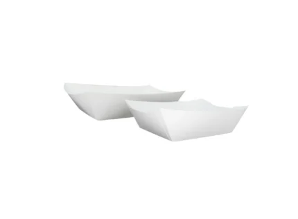 "Two white paper boat trays, perfect for stylish and clean snacking, available at www.jcpackagingdubai.com."