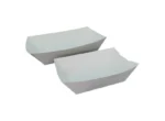 "Two white paper boat trays, perfect for stylish and clean snacking, available at www.jcpackagingdubai.com."