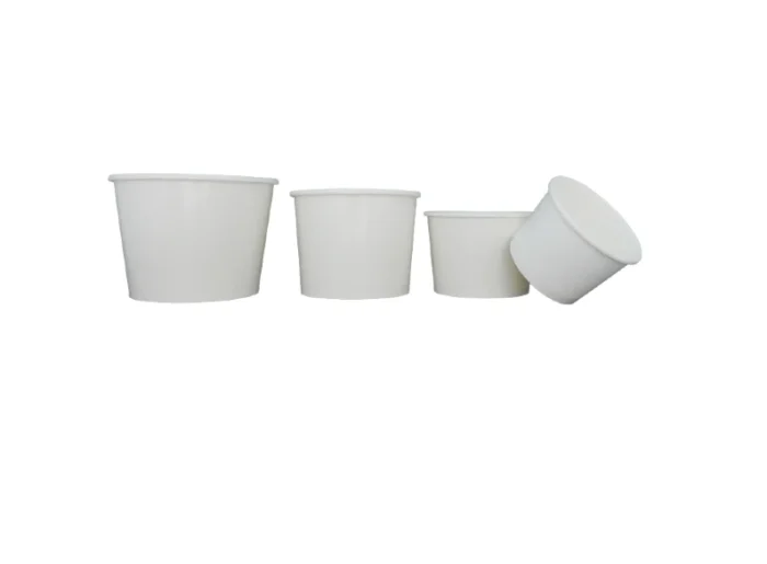 "Lineup of white paper soup bowls in different sizes, highlighting the variety offered by JC Packaging Dubai at www.jcpackagingdubai.com."