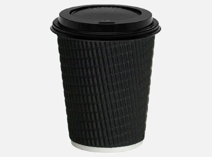 "Black ripple coffee cup with lid for hot beverages - packaging by www.jcpackagingdubai.com"