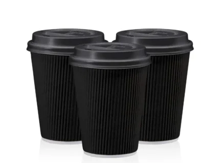 "Set of three black ripple coffee cups with lids for hot beverages - packaging by www.jcpackagingdubai.com"