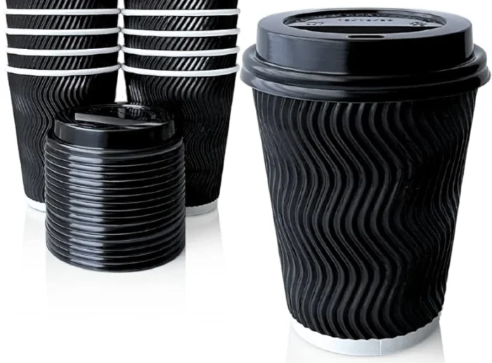 "Black ripple coffee cups with lids in various quantities - packaging by www.jcpackagingdubai.com"