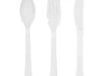 "Heavy-duty white plastic cutlery set (spoon, fork, knife) from JC Packaging Dubai"