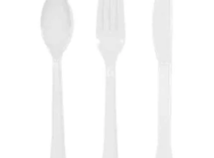 "Heavy-duty white plastic cutlery set (spoon, fork, knife) from JC Packaging Dubai"