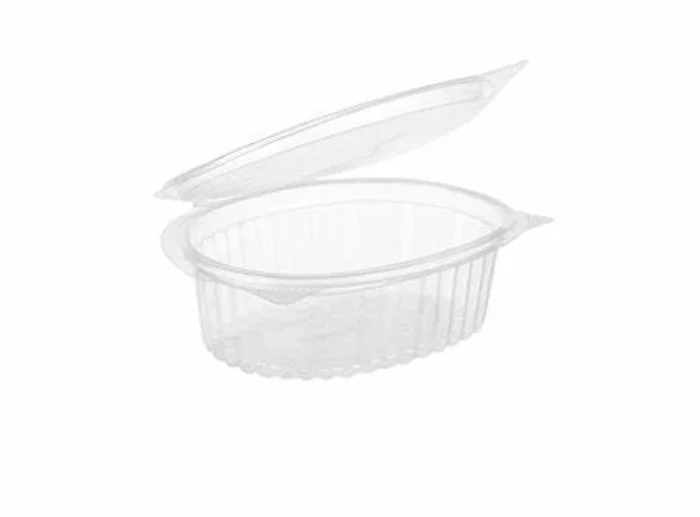 "Clear oval hinged container showcasing a durable and versatile design, perfect for a variety of packaging needs."