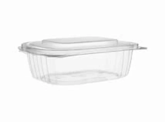 "Detailed view of a clear oval hinged container, ideal for efficient and visually appealing packaging needs."