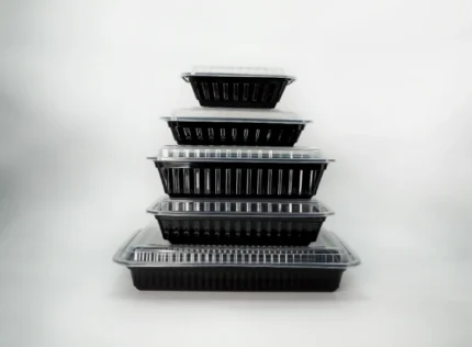 black base rectangular containers with clear lids from JC Packaging Dubai"