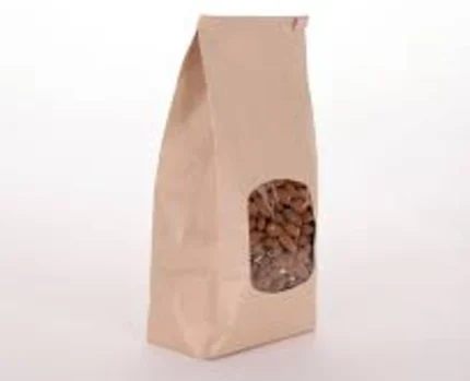 "A brown paper bag with a see-through window on the front side."