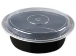 "Black round microwave-safe container with lid from JC Packaging Dubai"